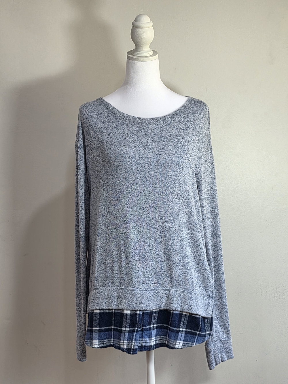 French Laundry Light Gray Crewneck Sweater with Navy Plaid Hem